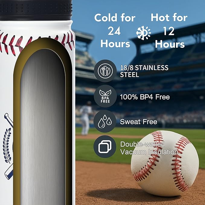 Baseball Water Bottle, 24 oz Insulated Stainless Steel Sports Bottle with Straw, Baseball Stuff Gifts for Boys