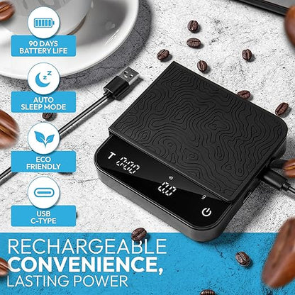 Mini Coffee Scale with Timer – Digital Barista Weight Scale with Designer-Patterned Tamper Mat, 0.1g High Precision, Portable & Rechargeable for Espresso, Pour Over, Drip, and Kitchen Brewing Use