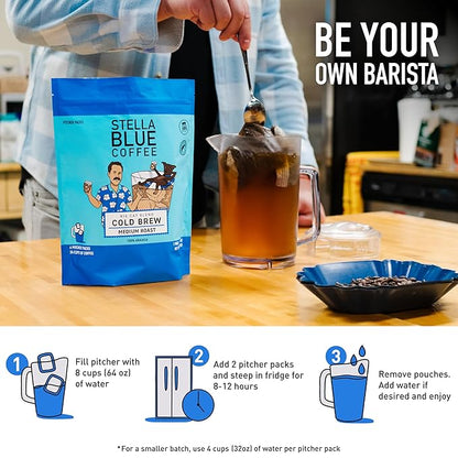 Stella Blue Cold Brew Coffee Bags, Big Cat Blend, Medium Roast Ground Coffee, Smooth, Bold and Refreshing 100% Arabica, 6 Brew Packets, Makes 24 Cups, Rainforest Alliance Certified