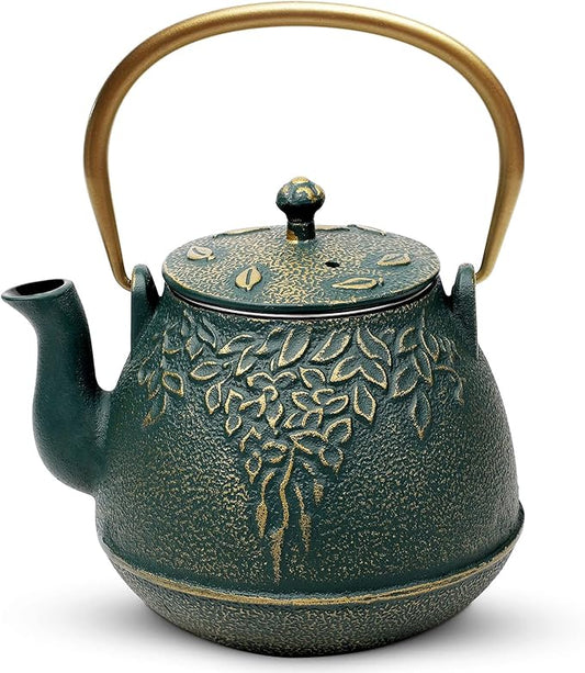 Tea Kettle, TOPTIER Japanese Cast Iron Teapot with Infuser, Leaf Design Cast Iron Tea Pot Stovetop Safe Coated with Enameled Interior for 40 Ounce (1200 ml), Dark Green