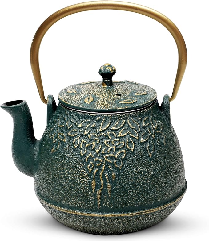 Tea Kettle, TOPTIER Japanese Cast Iron Teapot with Infuser, Leaf Design Cast Iron Tea Pot Stovetop Safe Coated with Enameled Interior for 40 Ounce (1200 ml), Dark Green