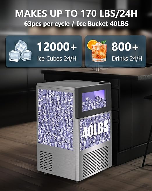 Commercial Ice Maker Machine 𝟏𝟕𝟎 𝐋𝐛𝐬/𝐃𝐚𝐲, Undercounter Ice Makers 40Lbs Storage Bin and 63 Ice Trays, Outdoor Ice Maker Brushed Metal with Water Line, Ice Scoop, for Home, Bar, Party