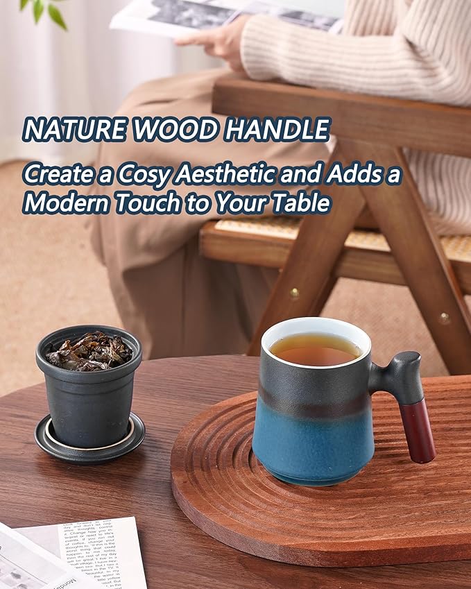 ZENS Gradient Blue Tea Cup with Infuser and Lid, 14.5oz Wood Handle Tea Mug, Loose Leaf Tea Steeper & Strainer, Tea Lovers Gifts