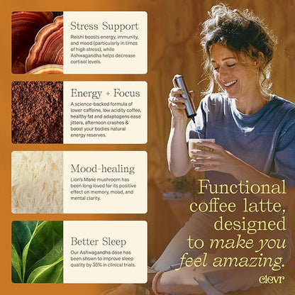 Clevr Blends Mushroom Coffee Latte, Instant Powder with Oat Milk, Lions Mane, Reishi Mushroom, Arabica Coffee Beans Medium Roast Fair Trade, Coconut Cream, Ashwagandha, Serve Hot or Iced, (14 Lattes)
