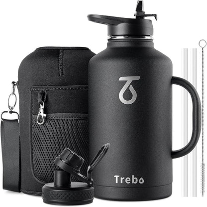 Trebo 64 oz Water Bottle Insulated with Handle, Half Gallon Stainless Steel Metal Large Water Jug, Travel Flask with Straw Spout Lid, Wide Mouth Mug with Carry Pouch, Keep Cold Hot, Black