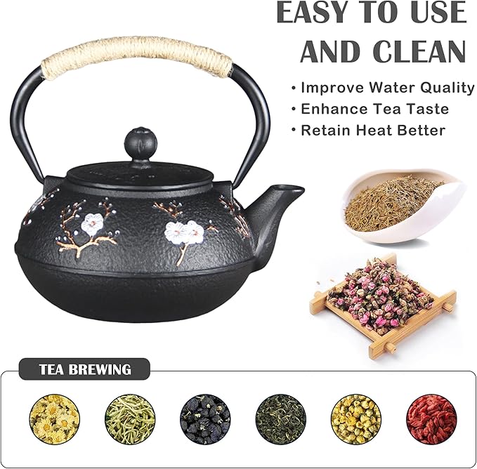 Cast Iron Teapot SECHUDO Teapot for Stovetop Safe Coated with Enameled Interior,Japanese Beautiful Tea Kettle with Stainless Steel Infuser for Loose Tea (30.4oz Plum Blossoms and Bird Pattern)