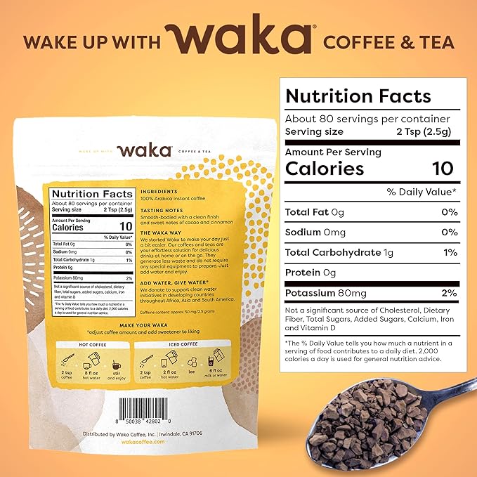 Waka Premium Instant Coffee Pouches — 100% Arabica Freeze Dried Beans — For Hot or Iced Coffee (8 Ounces, House Roast)