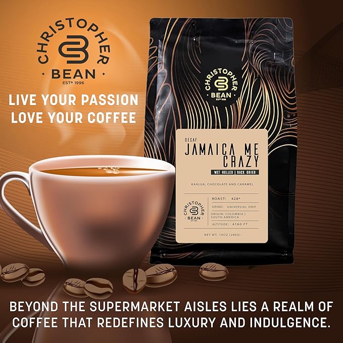 Christopher Bean Coffee - Certified Kosher - Decaf Ground Universal Drip Jamaica Me Crazy Flavored Coffee | Coffee Beans with Medium Roast 100% Arabica, No Sugar, No Fats, Non-Gmo | 10 - Ounce Bag