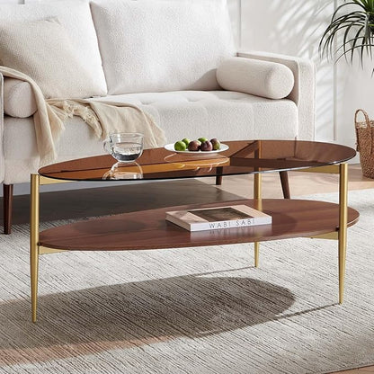 Oval Glass Coffee Table, Mid-Century Modern Design, L43 x W21 x H17 inch, for Living Room, 2-Tier Structure, Amber Glass Top, Walnut Finish Wood Shelf & Gold Finish Frame