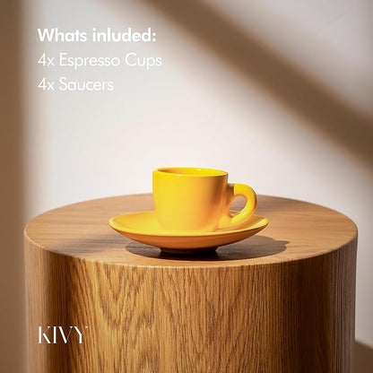 KIVY Espresso Cups Set of 4 [Set 4x 3oz]- Espresso Set Thick Walled Stoneware Espresso Cup Set - Italian Style Espresso Cups and Saucers - Espresso Mugs - Demitasse Cups and Saucers Sets - Yellow