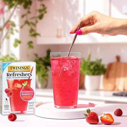 NEW Twinings Strawberry Raspberry Refreshers, Herbal Tea Instant Beverage with Real Strawberry Fruit Bits, 5 Count (Pack of 6), Café Style, No Artificial Sweeteners, Naturally Caffeine-Free, 30 Packets