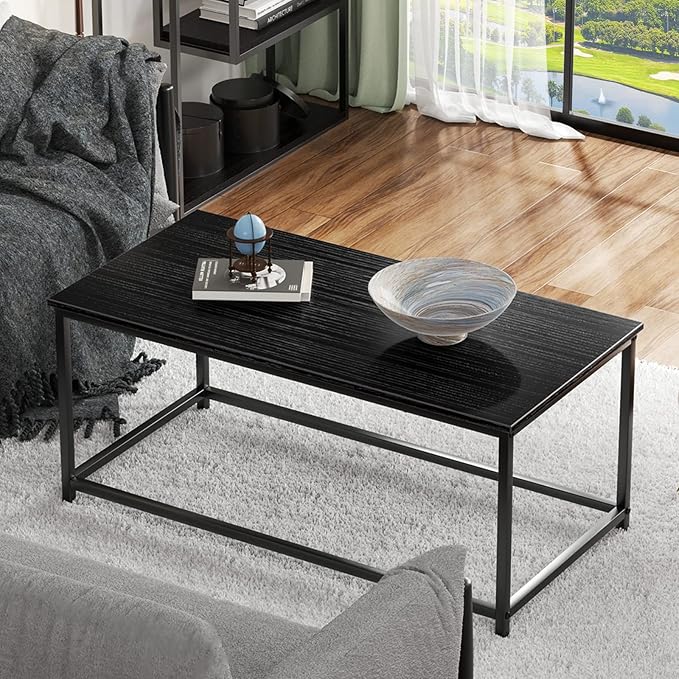 SAYGOER Black Coffee Table Simple Modern Rectangular Center Table Open Space Minimalist for Living Room Home Office Industrial Cocktail Tables, Easy Assembly, 39.37 x 19.69 x 17.72
