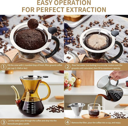 Unbreakable - Pour Over Coffee Maker with Double Stainless Filter 34 fl oz, Thickened Heat-Resistant Borosilicate Glass Pour Over Coffee Dripper, Stovetop Safe