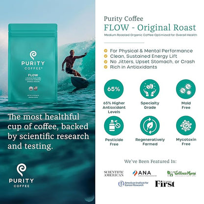 Purity Coffee FLOW Original Medium Roast Ground Coffee for Focus and Clean Energy - USDA Organic and Third-Party Tested for Antioxidants, Mold, Mycotoxins and Pesticides - 12oz (Purity Flow, medium_roast) | Ground| FLOW