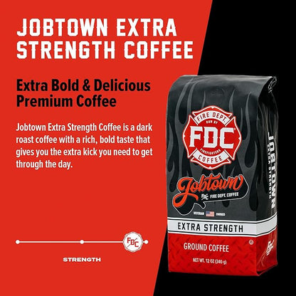 Fire Department Coffee - Gives Back to Firefighters - Jobtown Extra Strength Ground Coffee - Rich & Bold Dark Roast - Roasted in the USA - Veteran Owned - 12 oz