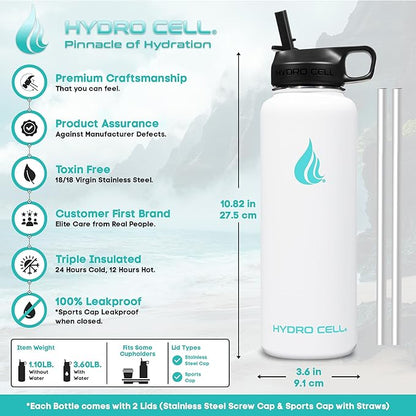 HYDRO CELL Stainless Steel Insulated Water Bottle with Straw - For Cold & Hot Drinks - Metal Vacuum Flask with Screw Cap and Modern Leakproof Sport Thermos for Adults (White 40oz)