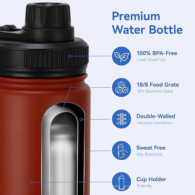 DOMICARE 16 oz Kids Water Bottle for School Stainless Steel Double Wall Vacuum Insulated Water Bottle with Straw lids & Spout Lid, Leakproof BPA Free (Red,8)