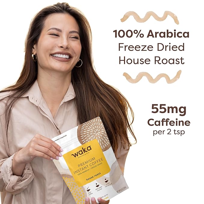 Waka Premium Instant Coffee Pouches — 100% Arabica Freeze Dried Beans — For Hot or Iced Coffee (8 Ounces, House Roast)
