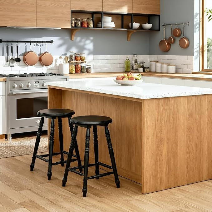 chairus 24" Black Backless Counter Height Bar Stools Set of 4, Farmhouse Wooden Counter Stools with Round Seat & Turned Legs, Rustic Vintage Colonial Short Bar Chairs for Kitchen Island