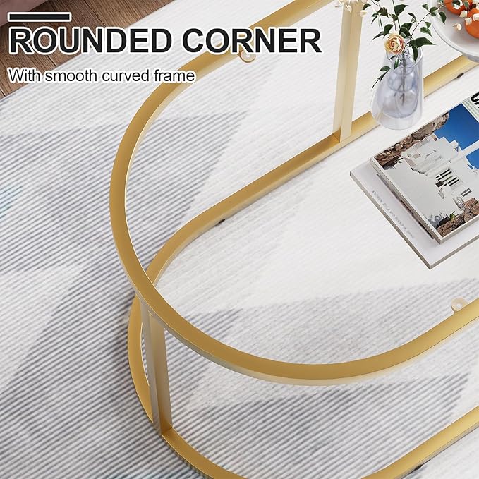Coffee Table Gold Glass Coffee Tables for Living Room, Oval Table Center Table with Sturdy Metal Frame,Modern Tempered Glass Accent Tables for Bedroom Home Office