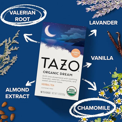 TAZO Organic DREAM Herbal Tea Bags, Caffeine-Free Bedtime Tea, Relaxing Chamomile and Lavender Blend, 16 Total Tea Bags
