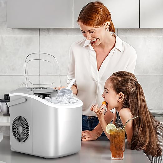 Countertop Portable Ice Maker Machine with Handle, 9 Bullet-Shaped Ice Cubes Ready in 6 Mins, 26Lbs/24H, Self-Cleaning Function with Ice Scoop and Basket for Home/Kitchen/Party (White)