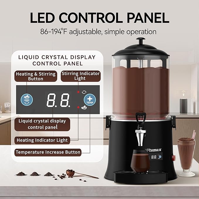 10L/2.6Gal Commercial Hot Chocolate Machine 86-194℉ Intelligent Temperature Control, Hot Beverage Dispenser Maker for Chocolate Drink, Cocoa, Milk, Coffee, Juice