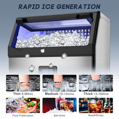 Commercial Ice Maker Machine – 250 Lbs/24H, 75 Lbs Storage Bin, 80 Ice Cubes in 8 Minutes – Freestanding Ice Machine with Water Filter and Scoop for Restaurant, Bar, Home, and Office