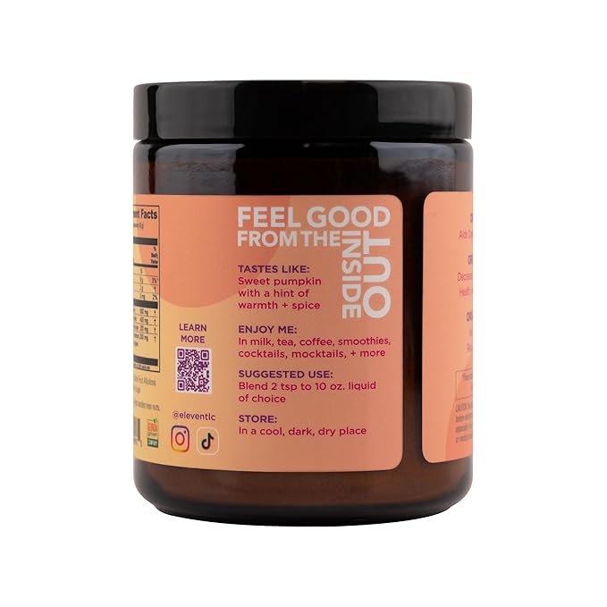 Eleven TLC, Organic Ginger Turmeric Spiced Golden Superfood Instant Latte & Drink Mix, Herbal Ginger Tea, Golden Milk Powder, Moon Cycle Non-Reactive Glass Jar, MD Formulated, 21 Servings