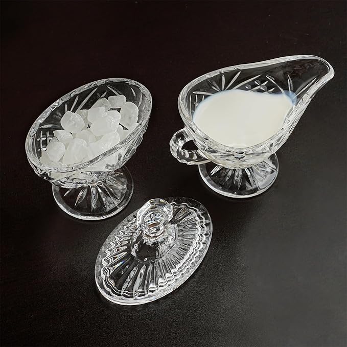 Crystal Cream and Sugar Set Glass Creamer Server Sugar Bowl with Lid Coffee Server Set Mother's Day Gifts for Women Mum Table Decortion for Home Wedding Party