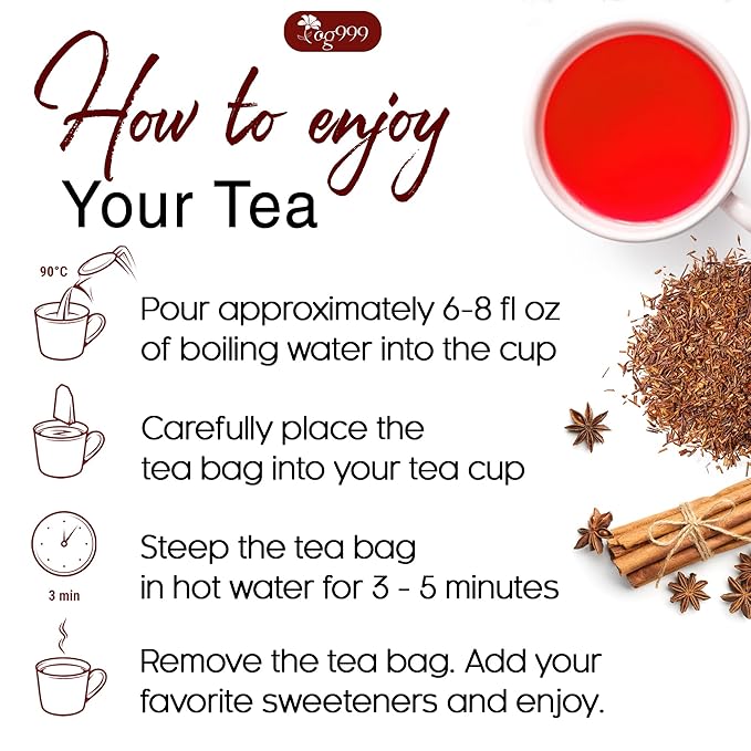 TOG999, Premium 60 Red Rooibos Tea Bags, 100% Natural & Pure from Rooibos Tea Leaves. Loose Leaf Rooibos Herbal Tea. Made with Natural Material Tea Bags. No Sugar, No Caffeine, No Gluten, Vegan.