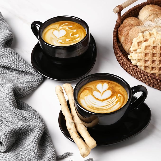 vicrays 6.5 oz Cappuccino Cups with Saucers, Set of 4, Ceramic Coffee Cup for Au Lait, Double shot, Latte, Cafe Mocha, Tea (Black)