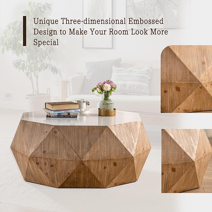 38" Modern Farmhouse Coffee Table, American Retro Style Drum Coffee Table for Office, Dining Room and Living Room, White Tabletop