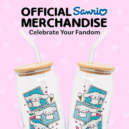 Silver Buffalo Sanrio Hello Kitty and Friends Cinnamoroll Polaroids Glass Jar Tumbler with Bamboo Lid and Glass Straw, 16 Ounces