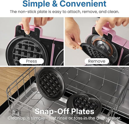 Double Waffle Maker Featuring Dual Removable Nonstick Plates, One-Button Single or Dual-Side Operation, Rapid Preheating with Dual Indicator Lights, Easy-to-Clean and Durable Design,Pink