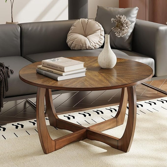 Round Coffee Table for Living Room, Soild Wood Walunt Center Coffee Tables with Cross Legs,33.5” Mid-Century Circular Cocktail Tables, Easy Assembly, Rustic Brown KFZ3223