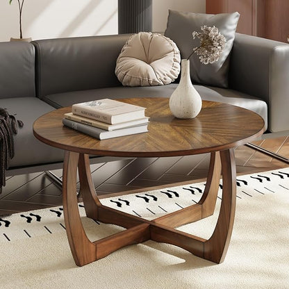 Round Coffee Table for Living Room, Solid Wood Cocktail Tables With Splicing Top ,Wood Traditional Center Table-, 33.5” Mid-century Circular Tea Desk for Office, Easy Assembly, Rustic Brown KFZ3223