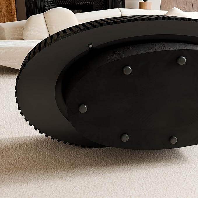 47 Inch Oval Drum Coffee Table with Storage, Handcraft Fluted Drum Coffee Table, Modern Wooden Oval Cocktail Tea Table Center Table with Sturdy Pedestal for Living Room Apartment (Black)