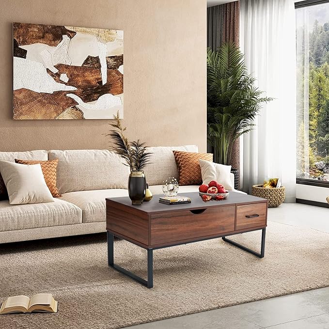 CLATINA Lift Top Coffee Table with Drawer and Hidden Compartment, Pop Up Coffee Table for Living Room, 41.7in Mid Century Modern Wood Coffee Table, Rustic Brown