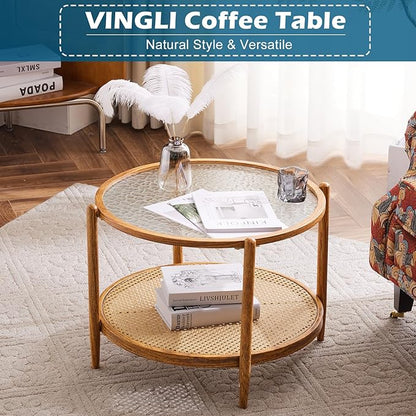 VINGLI 25.6" Rattan Coffee Table, Round Water-Wave Glass Metal Center Table, Modern Coffee Table with 2-Tier Storage, Farmhouse Circular Table for Living Room and Small Space, Natural Vibe