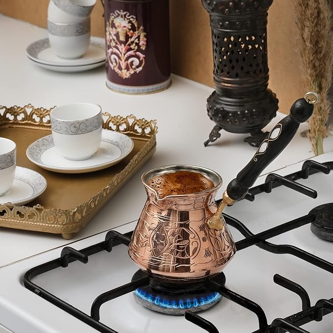 BCS 18 Oz X-Large Copper Turkish Greek Arabic Coffee Pot with Wooden Handle (6 servings) Cezve Ibrik Briki Stovetop Coffee Maker (Includes Wooden Spoon)
