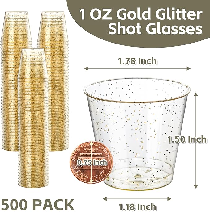 500Counts 1OZ. Disposable Shot Glasses Hard Plastic Shot Cups Gold Glitter Mini Shot Glasses for Tequila, Jello Shots, Liquor, 1Ounce Small Cup for Sauce, Dips, Shot Cups for Party