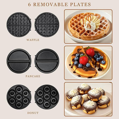 Mini Waffles Maker with 6 Removable Plates, 3 in 1 Small Waffle Maker Mini- Waffle, Pancake, Donut, 6" Non Stick Waffle Iron for Kids and Families, Black