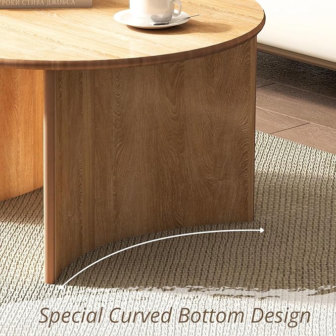 31.5″ Round Coffee Table, Natural Wooden Circle Coffee Table with Curved Base, Solid Wood, Ideal for Living Room, Apartment, Compact Place