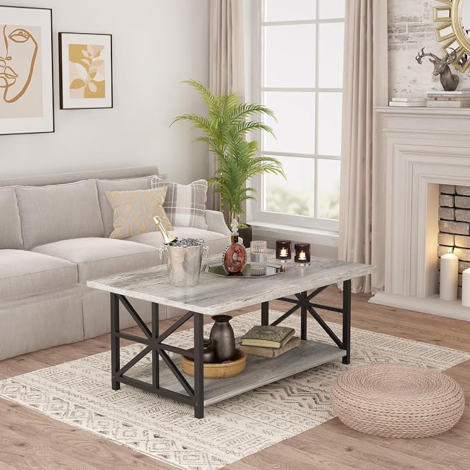 AWQM Gray Coffee Table for Living Room with Round Corners, 2 Tier Living Room Table with Storage Shelf,Rectangular Coffee Table Center Table for Small Spaces,Easy Assembly