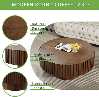 Artisan-Crafted Round Fluted Coffee Table - Solid Wood Drum Base with Detailing, Handmade Circular Centerpiece for Living Room, Rustic Modern Home Decor (D Walnut 31in)