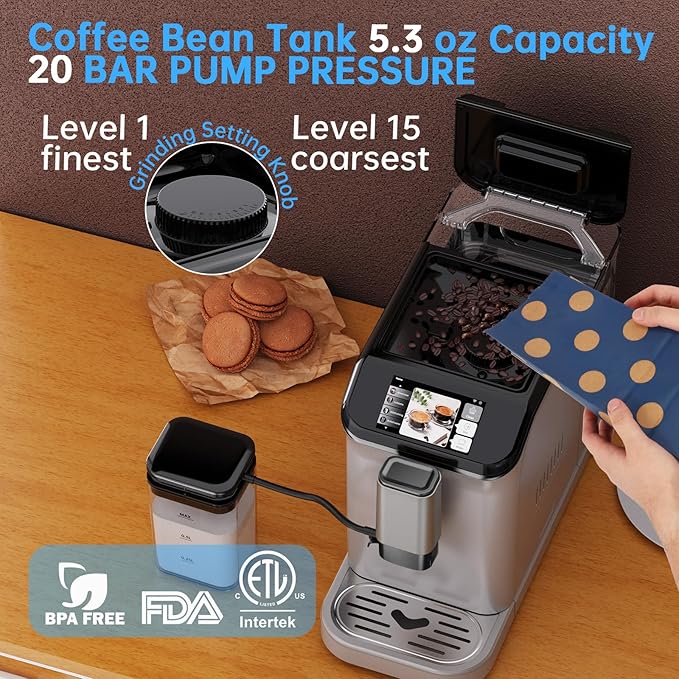 20-Bar Espresso Machine with Coffee Grinder & Milk Frother, 15 Grind Settings, Thermoblock Heating, Compact for Home Kitchen, Cappuccino/Latte Maker