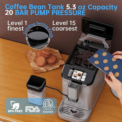 20-Bar Espresso Machine with Coffee Grinder & Milk Frother, 15 Grind Settings, Thermoblock Heating, Compact for Home Kitchen, Cappuccino/Latte Maker