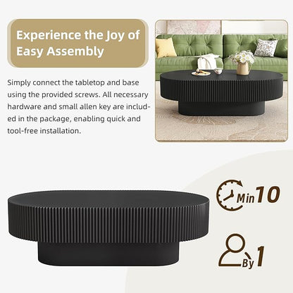 43.3 Inch Oval Drum Coffee Table, Modern Handcraft Fluted Drum Coffee Table, Wooden Oval Center Table Cocktail Table with Stable Pedestal for Living Room Apartment (Black)