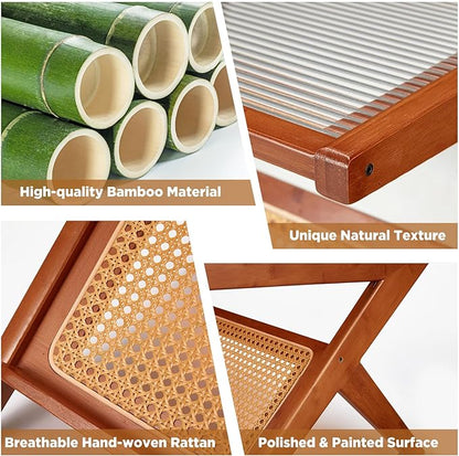 Rattan Side Table Set of 2, Rattan End Table Z-Shaped Boho Nightstand with Glass-top, Accent and Coffee Table for Bedroom Living Room Small Space